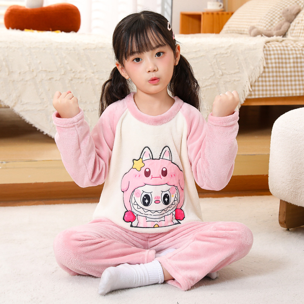 儿童睡衣女童女孩子珊瑚绒薄绒套装秋冬季拉布布法兰绒保暖家居服