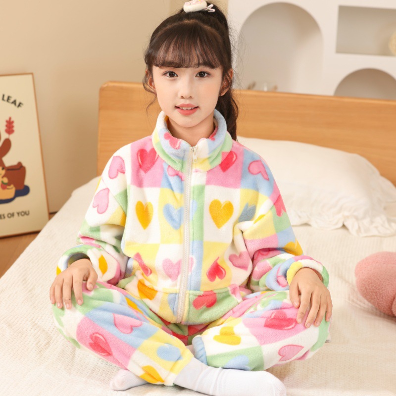 宝宝保暖加绒冬季儿童睡衣睡裤套装加厚女童棉毛衫女孩开衫居家服