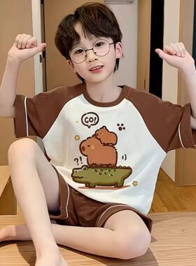 卡皮巴拉图案中大儿童睡衣夏季大小孩家居服男生套装短袖短裤夏款