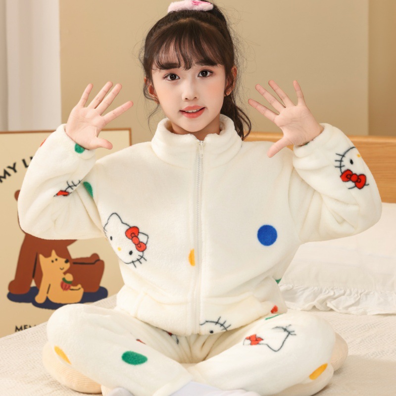 女童加绒加厚冬季儿童高领开衫女宝宝珊瑚绒女孩法兰绒KT猫睡衣裤