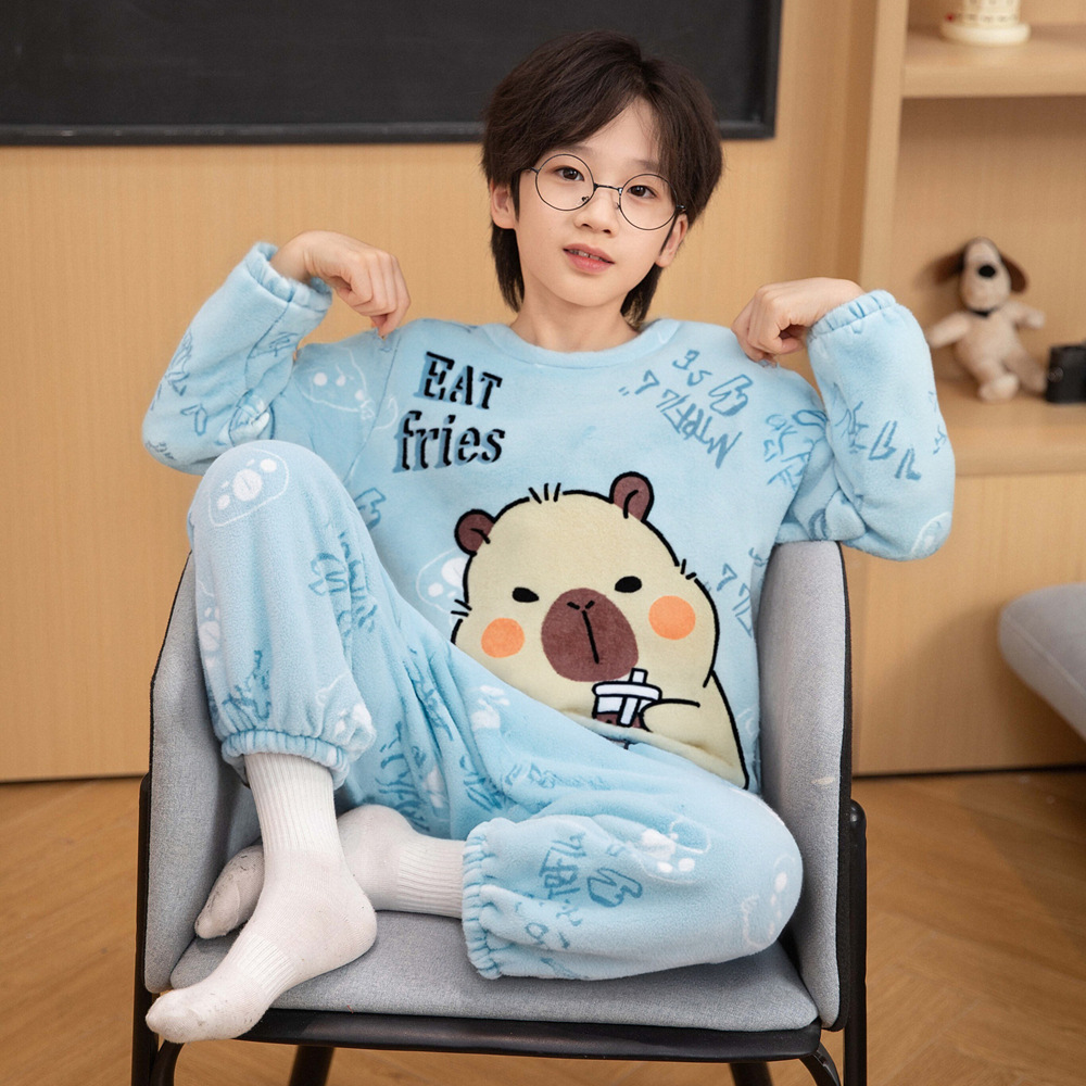 卡皮巴拉capybara珊瑚绒睡衣男童加厚秋冬装中大童胖孩儿童家居服