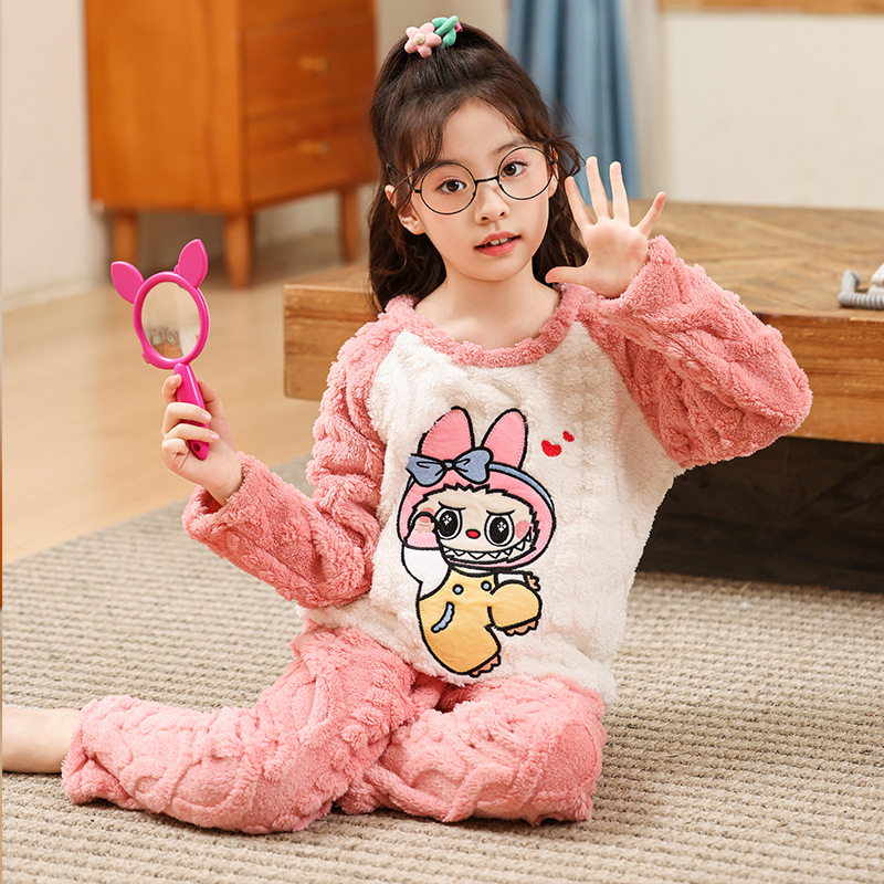 儿童睡衣女童珊瑚绒加厚法兰绒秋冬装中大童拉布布圆领家居服套装