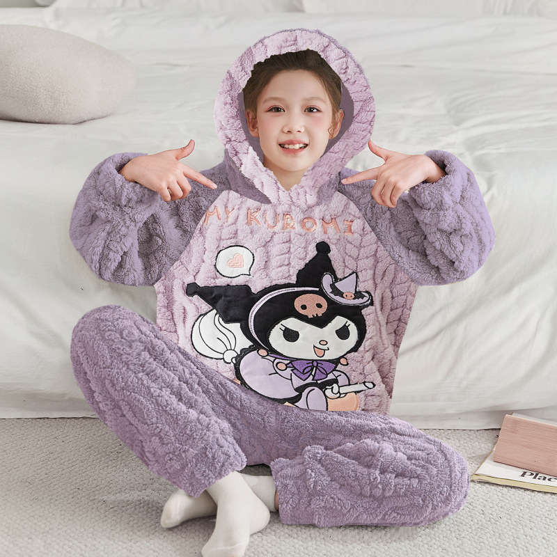 冬季库洛米睡衣睡裤套装珊瑚绒加绒加厚女童法兰绒居家服儿童女孩