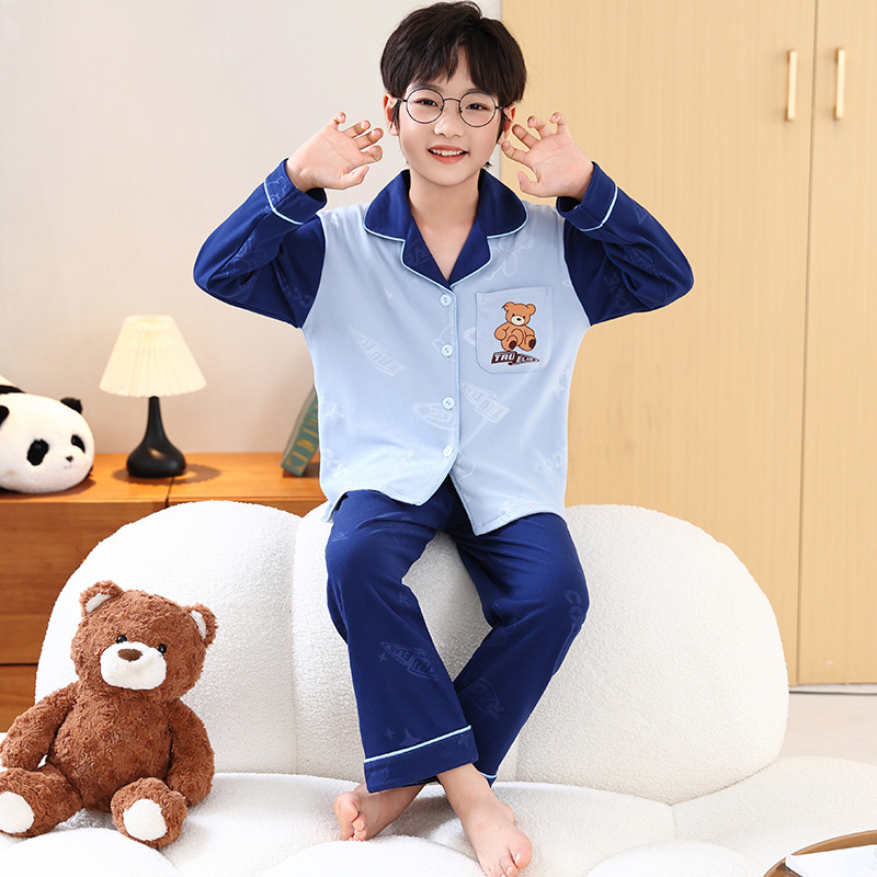 儿童德绒睡衣男童保暖秋冬装中大童男孩男宝宝男生开衫系扣家居服