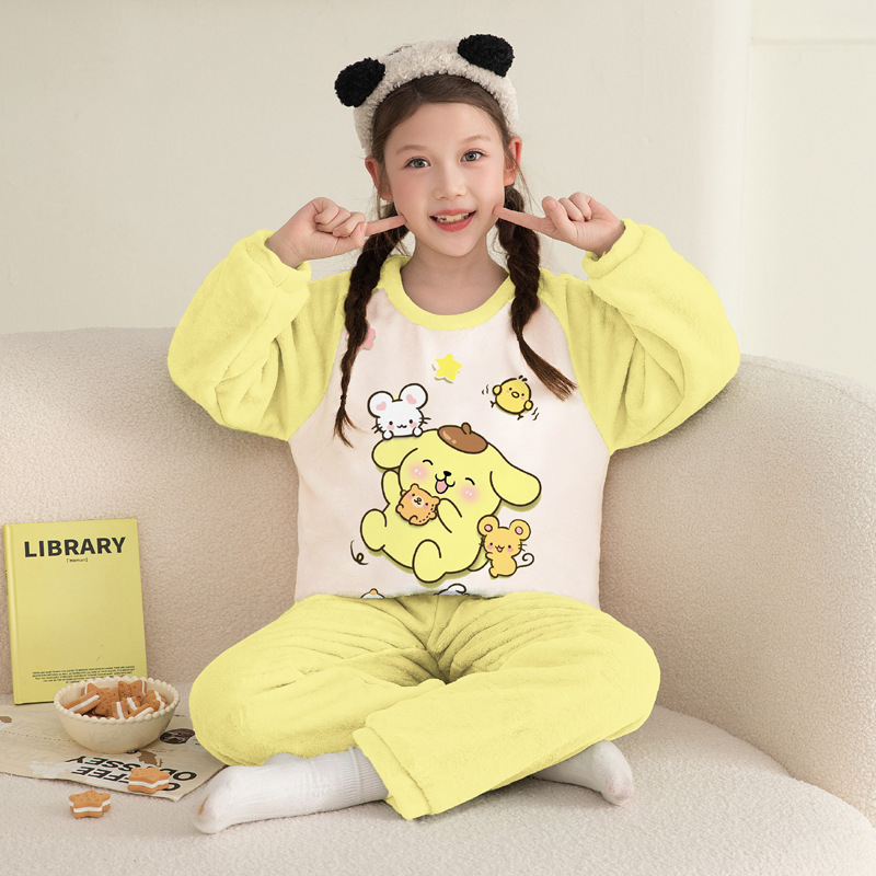 儿童珊瑚绒睡衣女童加厚保暖冬季大童加加胖布丁狗图案家居服套装
