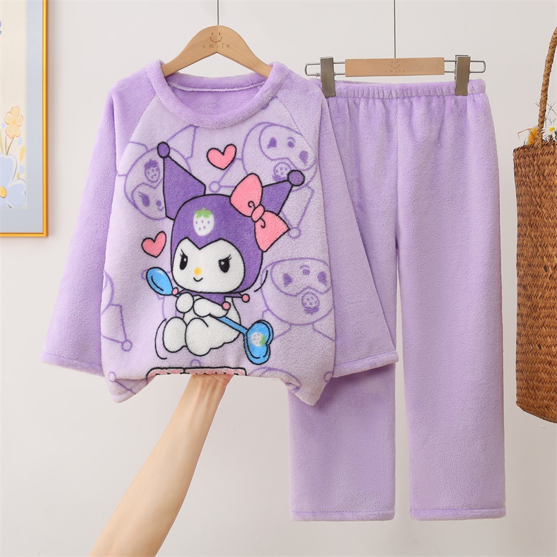 秋冬季儿童睡衣女童珊瑚绒库洛米kuromi女孩睡衣法兰绒加厚家居服