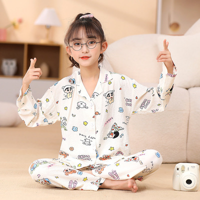 儿童睡衣女童春秋季长袖薄款小孩中大童夏季蜡笔小新的家居服套装