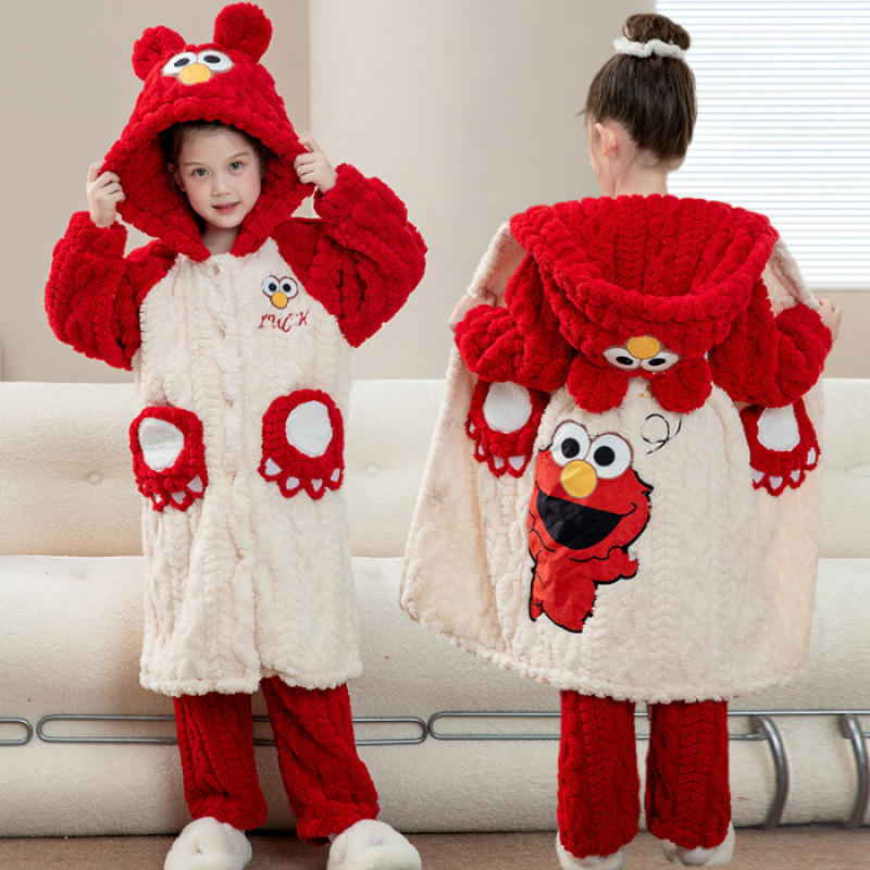 女童珊瑚绒睡衣冬季2026新款儿童法兰绒加厚大童女孩芝麻街两件套