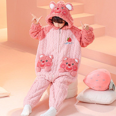 儿童连体睡衣秋冬季加厚法兰绒 Loopy露比女童珊瑚绒家居服连身服