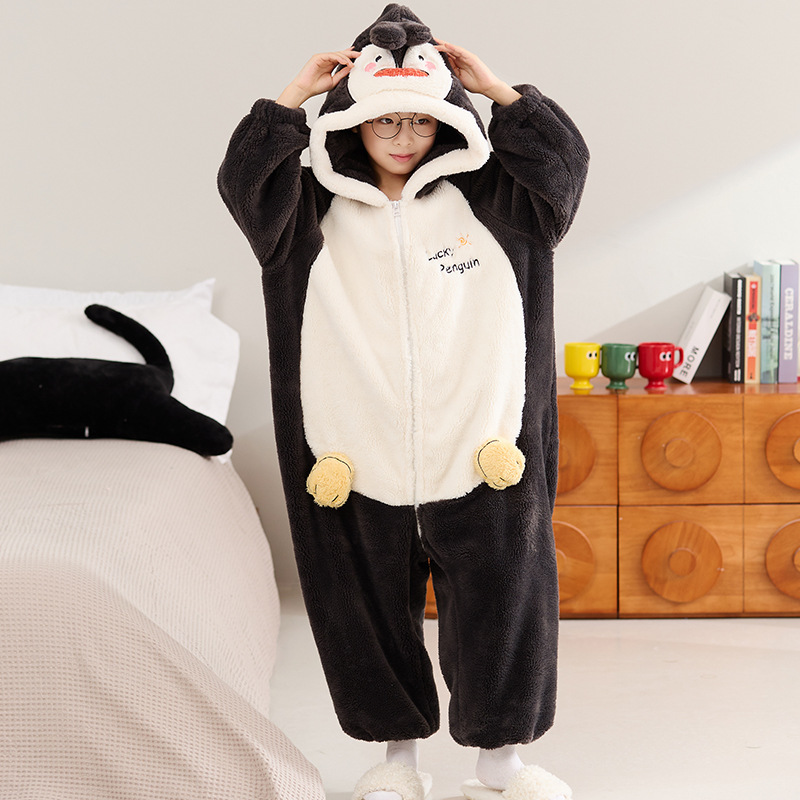小企鹅小孩男孩子连体睡衣连身睡袋儿童男童中大童冬拉链加绒加厚