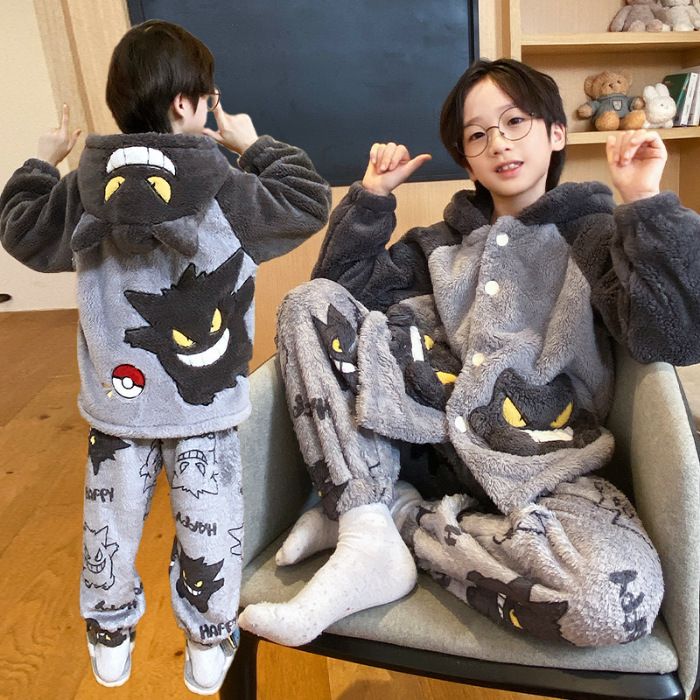 儿童睡衣冬宝可梦耿鬼男孩冬款加厚加绒男童珊瑚绒法兰绒保暖套装