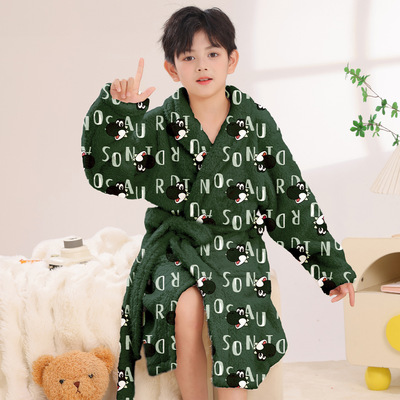儿童珊瑚绒睡衣法兰绒睡袍男童秋冬装保暖中大童宝宝家居服小恐龙