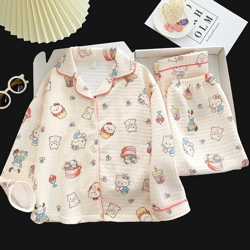 女童HelloKitty家居服保暖长袖秋冬装中大童开衫儿童宝宝加棉睡衣