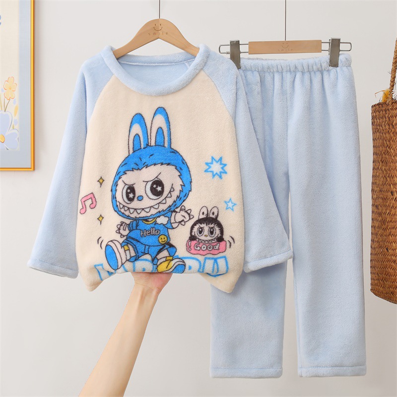 女童睡衣儿童秋冬季珊瑚加绒加厚2026新款法兰绒小女孩拉布布套装