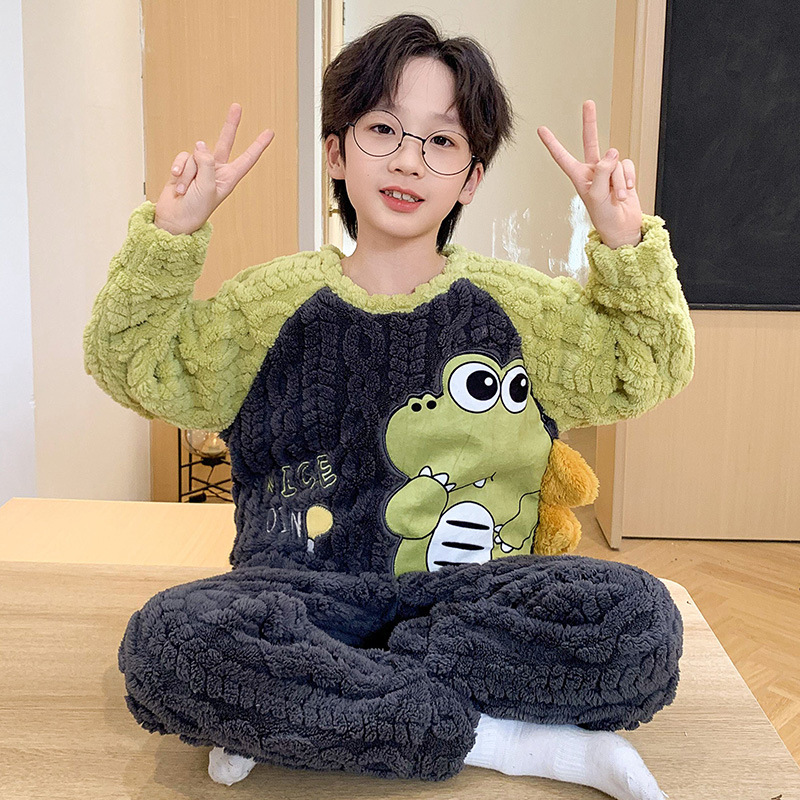 鳄鱼睡衣冬季2025新款加厚款珊瑚绒法兰绒冬款儿童男孩中大童胖童