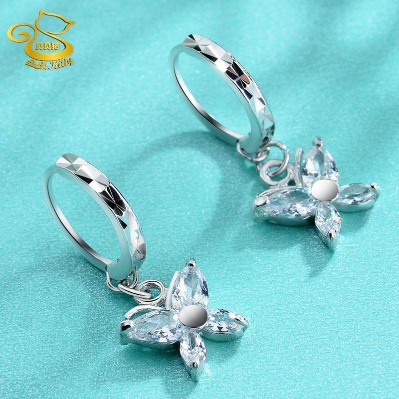 bebe kitty纯银耳扣蝴蝶小耳坠女s925银镀白金耳环简约银耳饰刻字