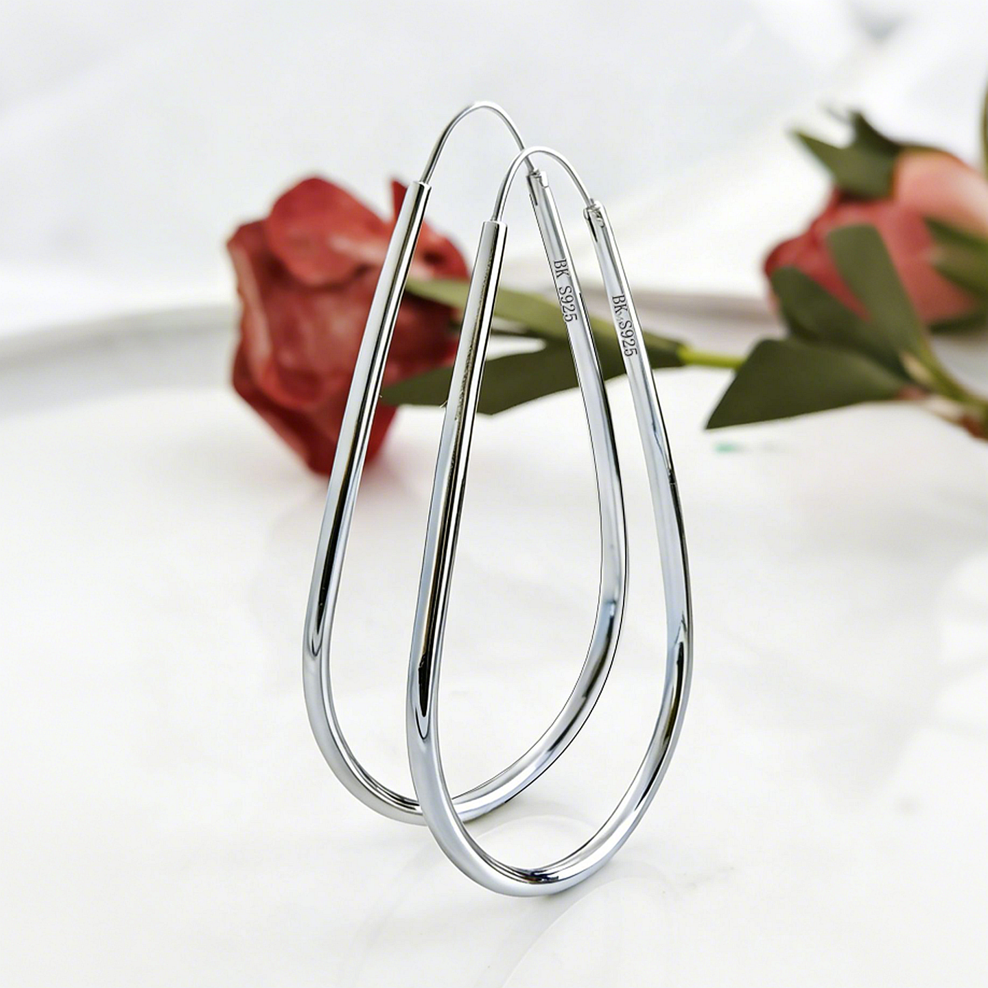 通体纯银镀白金水滴形耳环光面大圈圈银耳圈时尚显脸瘦耳饰品刻字