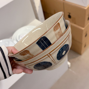 7寸吃面碗创意复古麻点釉面高脚防烫斗笠碗耐高温釉下彩陶瓷汤碗