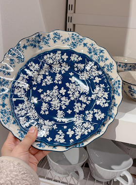 法式复古蓝色碎花边餐盘家用高级感美学陶瓷饭碗盘碟乔迁新居餐具