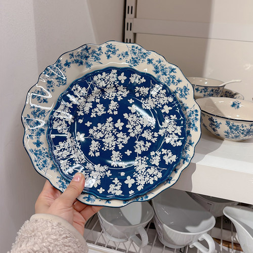 法式复古蓝色碎花边餐盘家用