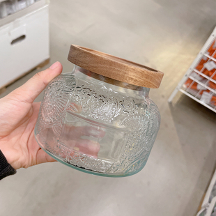 食品级茶叶玻璃密封罐家用收纳罐木盖咖啡豆储存罐复古浮雕保存罐