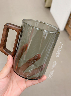 新中式灰色高硼硅玻璃杯复古大容量水杯办公家用木把手耐热泡茶杯
