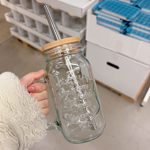 大容量奶茶梅森杯玻璃吸管杯字母浮雕把手大杯冷萃橙C美式咖啡杯
