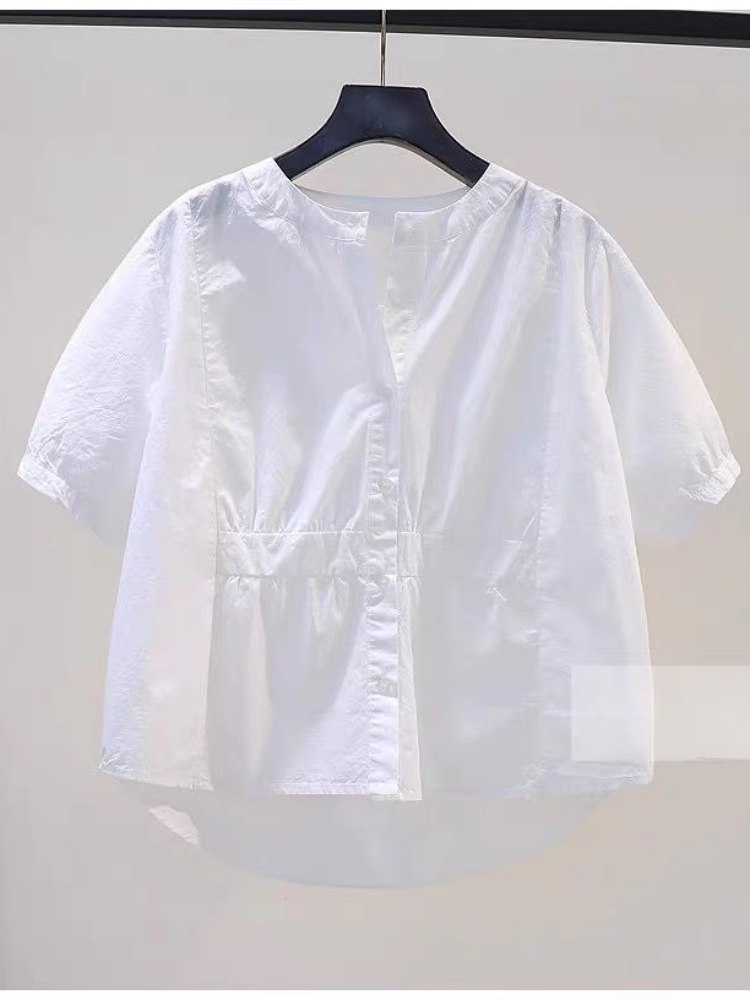 작은 신선한 라이트 블루 코튼 셔츠 여성 라운드 넥 반팔 허리 셔츠 2024 여름 한국 스타일 다목적 루즈 탑