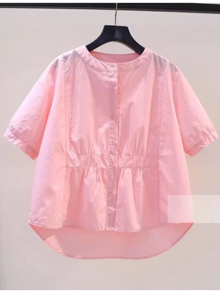 작은 신선한 라이트 블루 코튼 셔츠 여성 라운드 넥 반팔 허리 셔츠 2024 여름 한국 스타일 다목적 루즈 탑