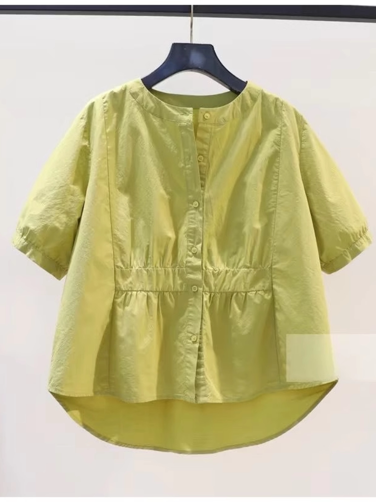 작은 신선한 라이트 블루 코튼 셔츠 여성 라운드 넥 반팔 허리 셔츠 2024 여름 한국 스타일 다목적 루즈 탑