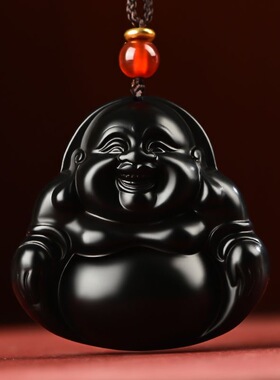 正品天然和田玉墨玉佛公吊坠纯黑羊脂弥勒佛挂件保平安情侣款玉牌