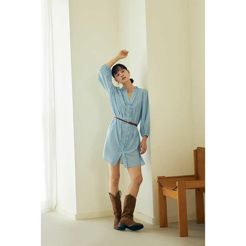 HeyDress蕾丝领褶皱宽松连衣裙