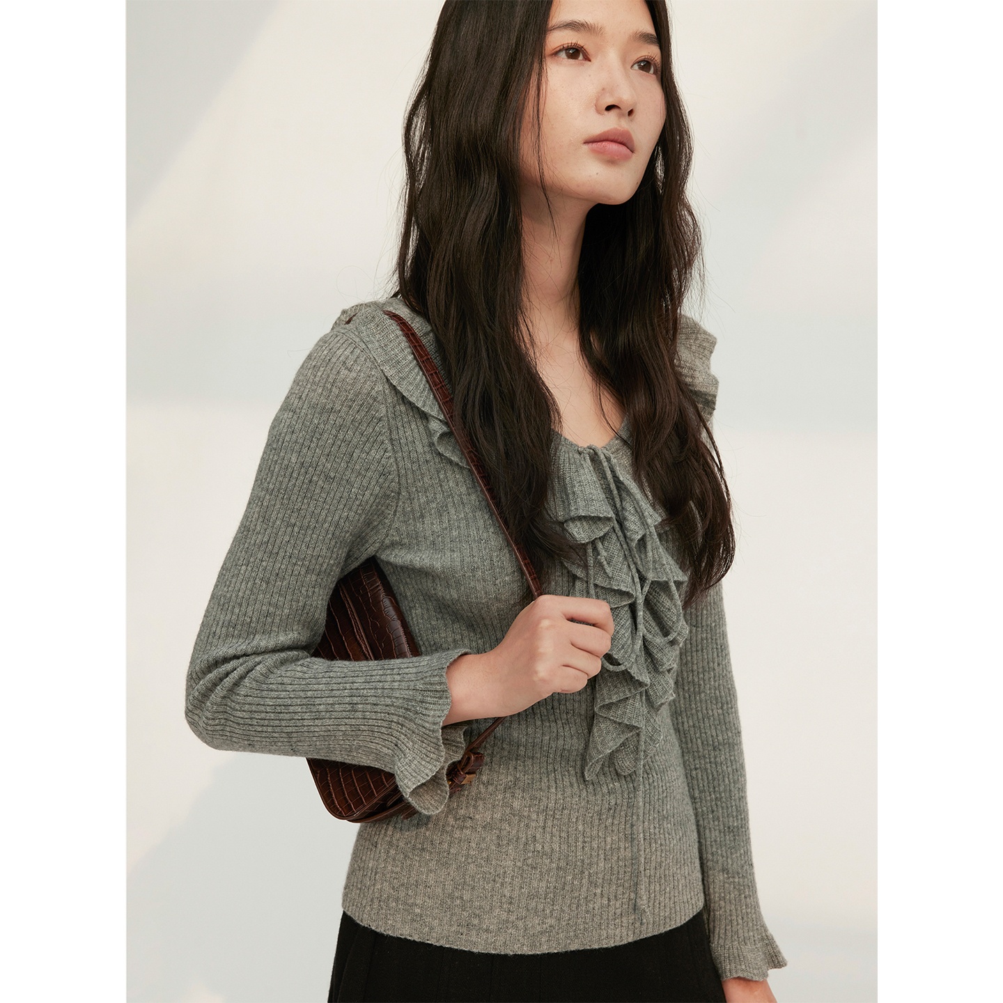 HeyDress荷叶边螺纹系绳针织衫