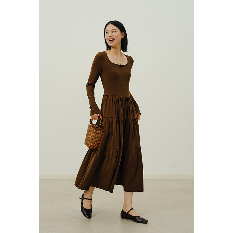 HeyDress方领碎褶针织料连衣裙