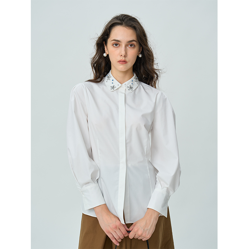 HeyDress白色钉钻领衬衫女秋季新款收腰长袖衬衣别致气质通勤上衣