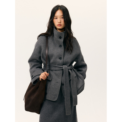 HeyDress立领短款收腰毛呢外套