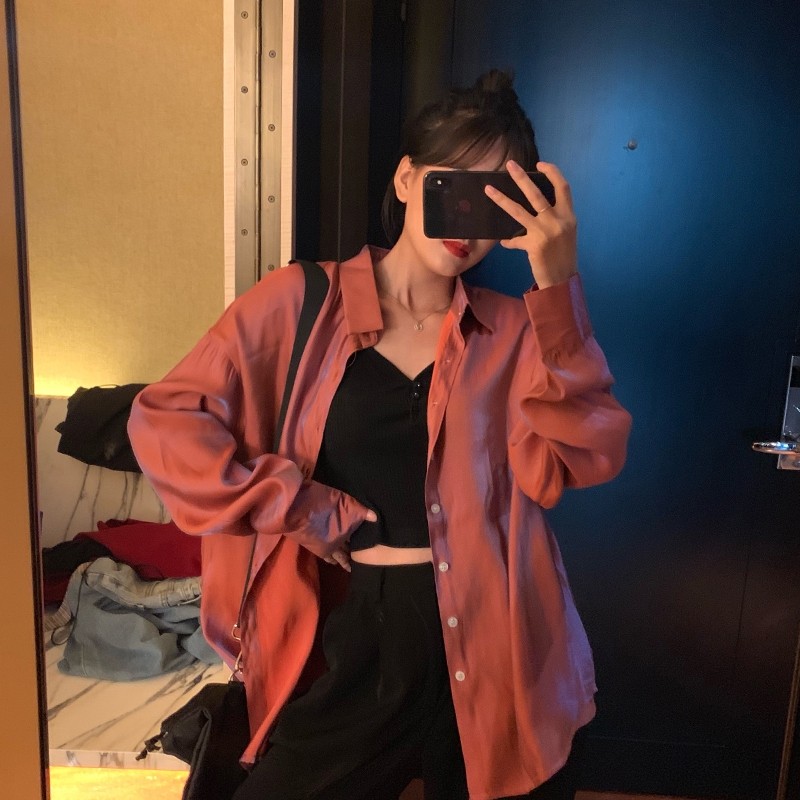 卉菊BF风夏装帅气宽松小翻领长袖衬衫女纯色blingbling防晒衫衬衣