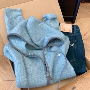 连帽毛衣韩系撞色针织衫 慵懒高级风小个子灰蓝色开衫 新款 2026秋季