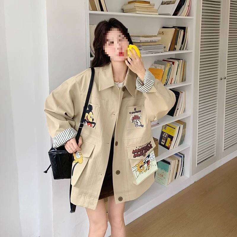 米奇图案工装外套女春秋超火超好看韩系宽松休闲翻领夹克卡其色