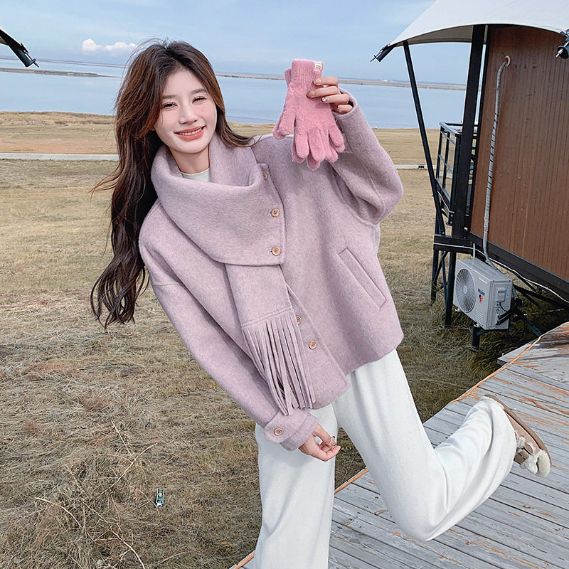 罗芬 故事面料女装官方实拍小众可卸围巾两穿双面羊绒大衣2025新,女装/女士精品,羽绒服,淘宝优惠券,粉丝福利购,淘宝优惠卷