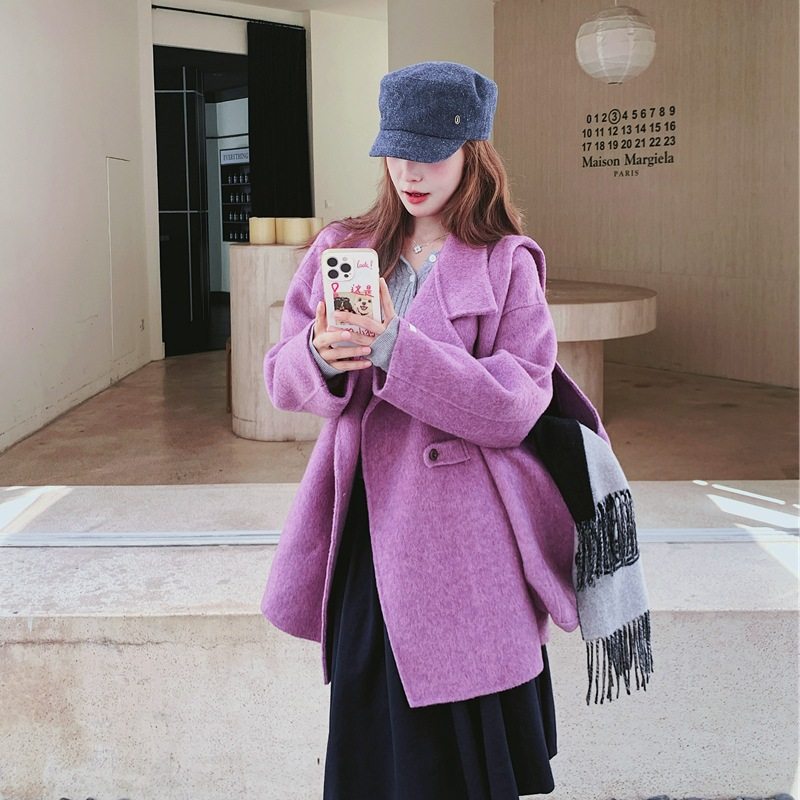 罗芬 故事面料女装官方实拍紫色立领简约时尚双面羊毛大衣2025冬,女装/女士精品,毛呢外套,淘宝优惠券,粉丝福利购,淘宝优惠卷