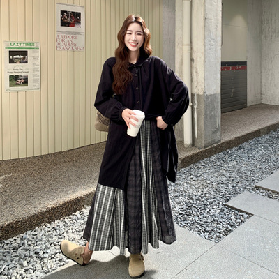 罗芬 故事面料女装官方实拍文艺叠穿格子马甲衬衫裙拼接半身裙套