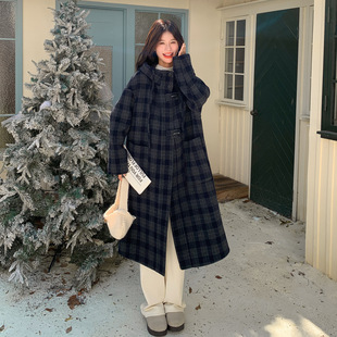 罗芬 故事面料女装官方实拍藏青色学院风格纹双面羊毛大衣2025冬