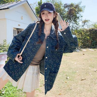 罗芬 故事面料女装官方实拍复古港风爱心提花蓝色牛仔外套女春秋2
