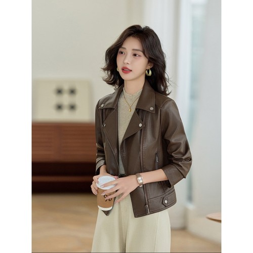 罗芬 故事面料女装官方女式皮衣款2025秋新款时尚修身翻领短款PU