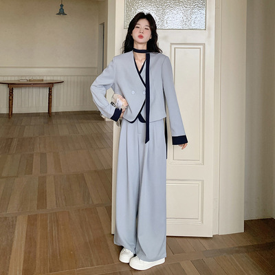 罗芬 故事面料女装官方实拍蓝色假两件撞色拼接V领西装套装女2025