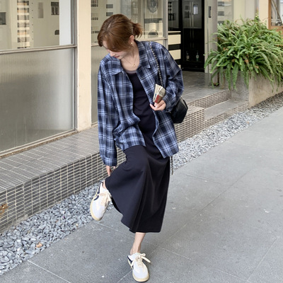 罗芬 故事面料女装官方实拍一整套穿搭高级感蓝色格子衬衫吊带裙