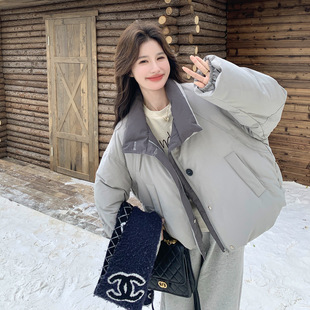 罗芬 故事面料女装官方实拍韩系灰色立领撞色羽绒服2025新款氛围
