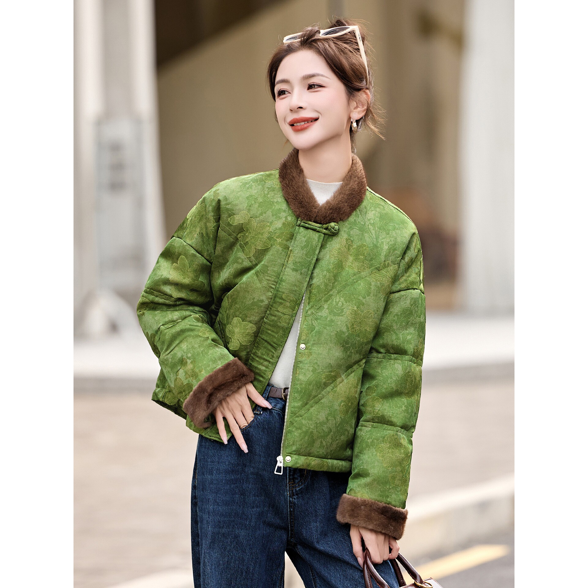 罗芬 故事面料女装官方2025冬装新款女新中式提花羽绒服女潮流复