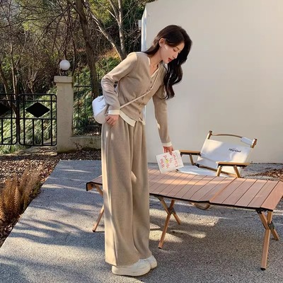 罗芬 故事面料女装官方实拍卡其色休闲运动套装裤女春秋韩系开衫